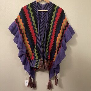NEW JC Sunny Maximalist Boho Poncho Shawl Wrap Tassels Ruffles Colorful Ethnic